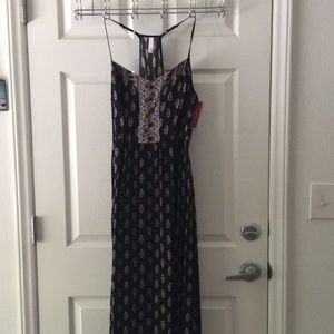 Black maxi dress with red and purple detail